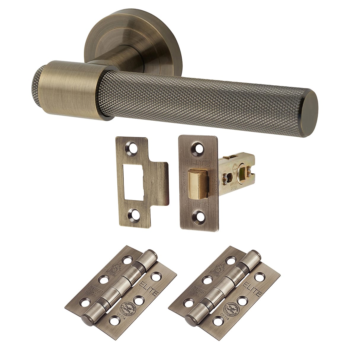 Antique Brass Knurled Latch Door Handles on Rose Pack - Esme Range