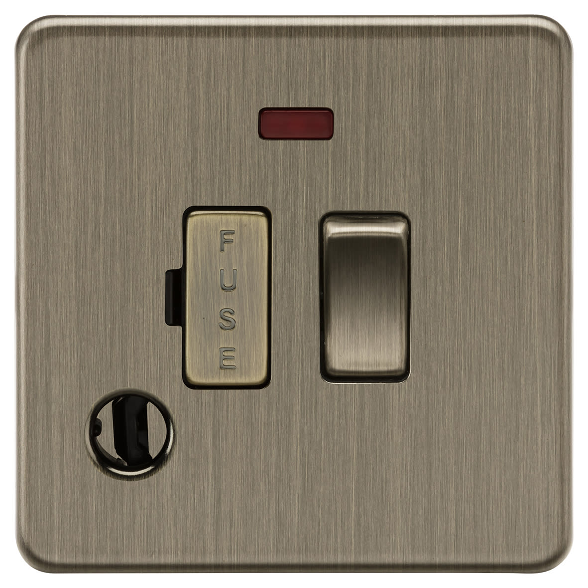 13A 1 Gang Screwless Flat Plate Switched Fused Spur & Neon & Flex Outlet - Ant Brass