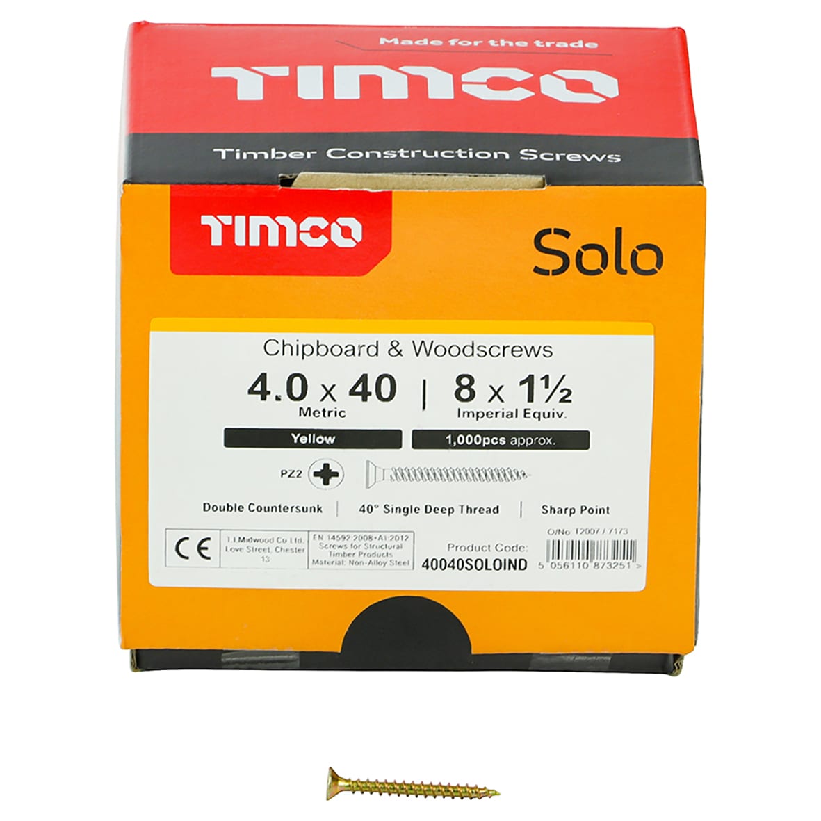 Solo Chippy Pozi Countersunk Wood Screws - 4.0 x 40mm - Yellow Zinc - Pack of 1000