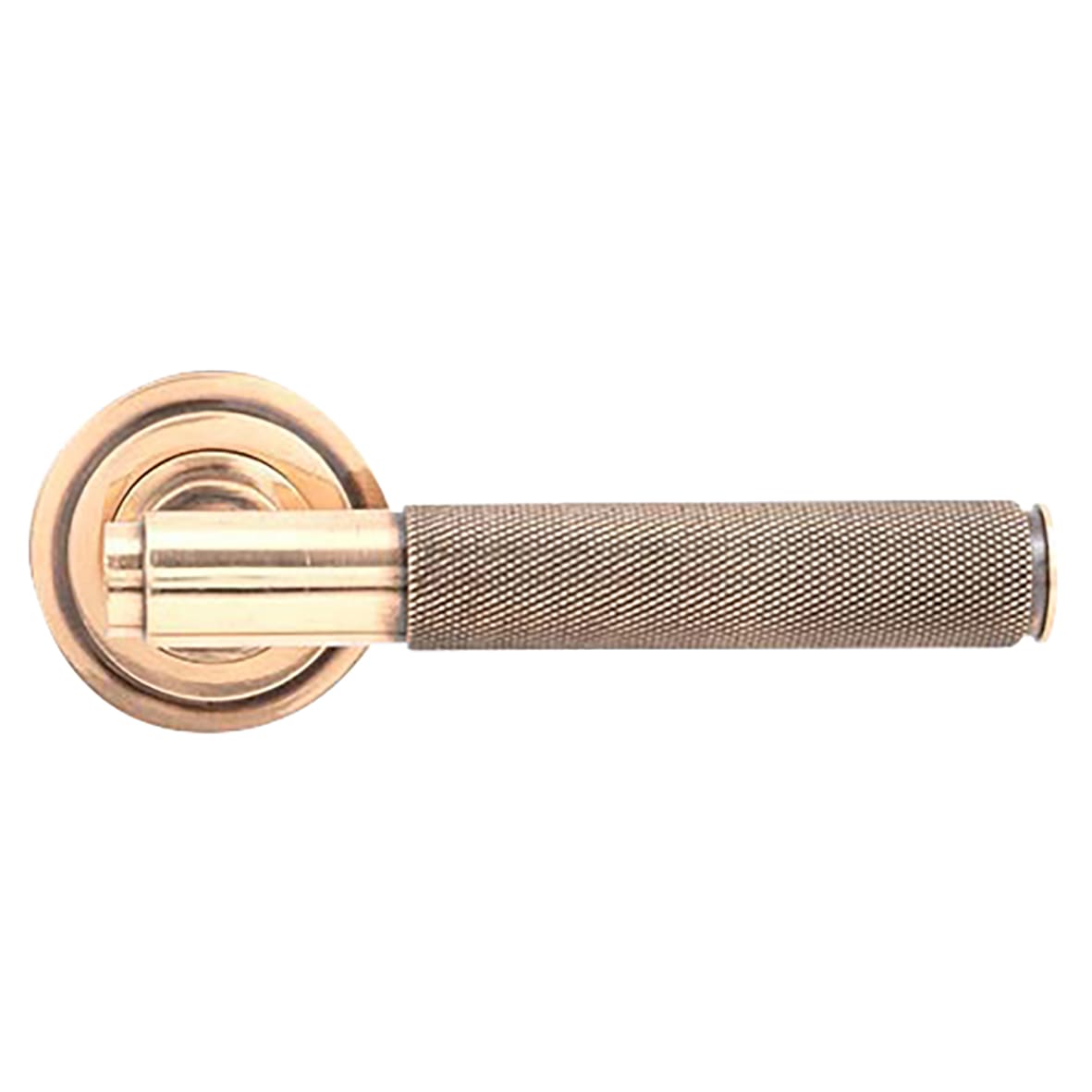 Polished Bronze Knurled Door Handles on Round Art Deco Rose - Brompton Range