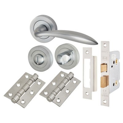 Satin Chrome Bathroom Lock Door Handles on Rose Pack - Morgan Range