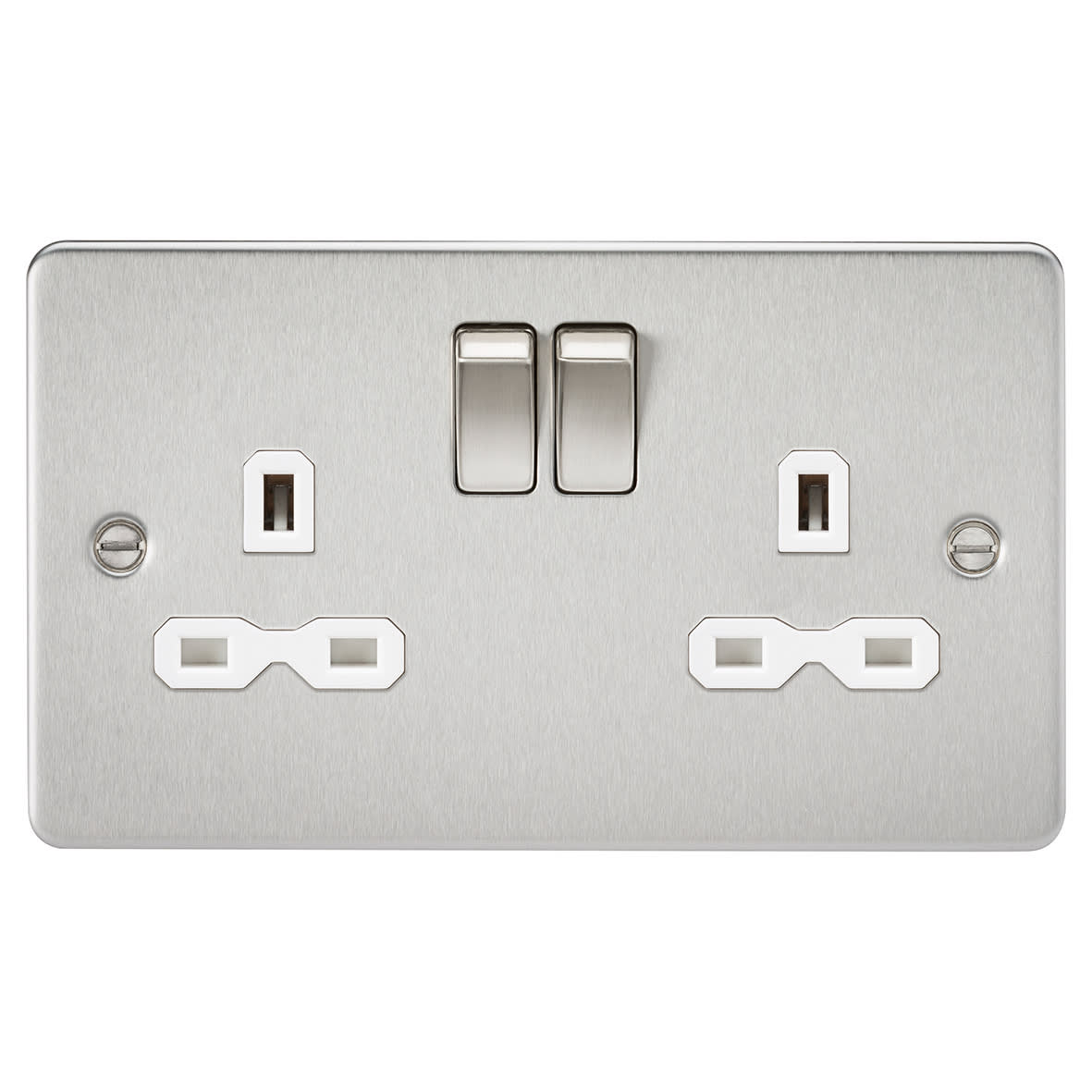 13A 2 Gang DP Switched Socket with Twin Earths - Brushed Chrome with White Insert