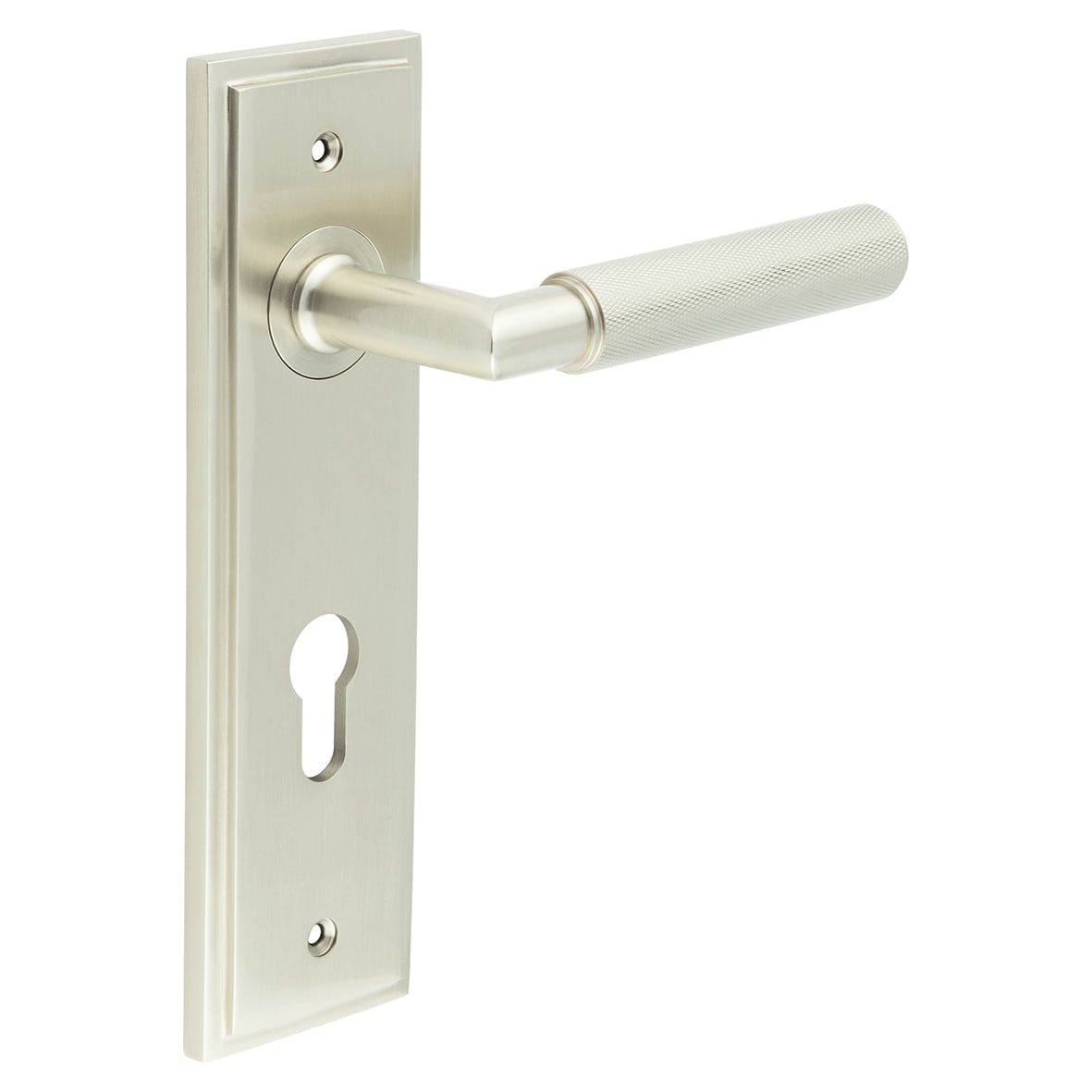 Satin Nickel Fire Rated DIN Euro Lock Door Handles - Piccadilly - 200 x 55mm