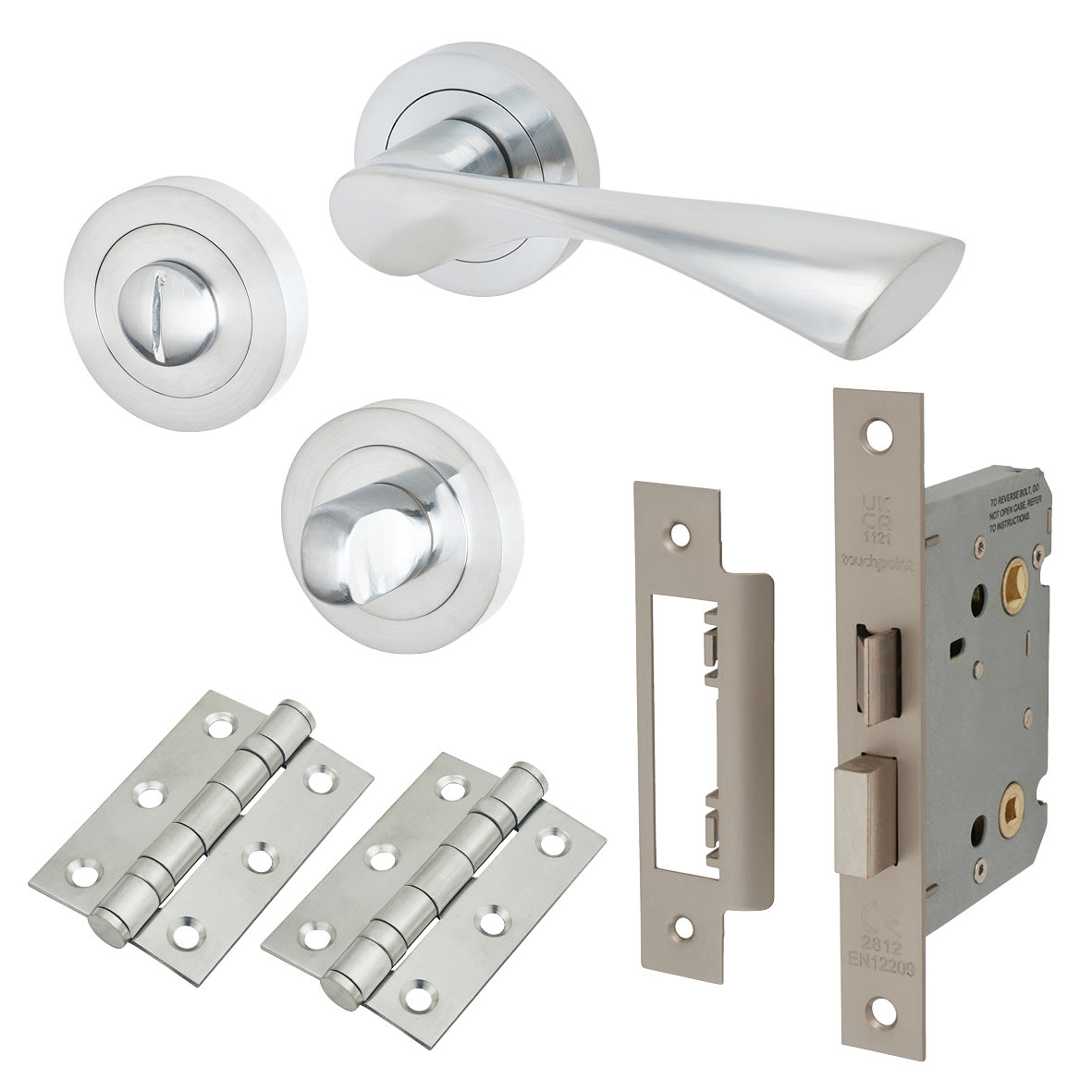 Satin Chrome Bathroom Lock Door Handles on Rose Pack - Knightsbridge Range