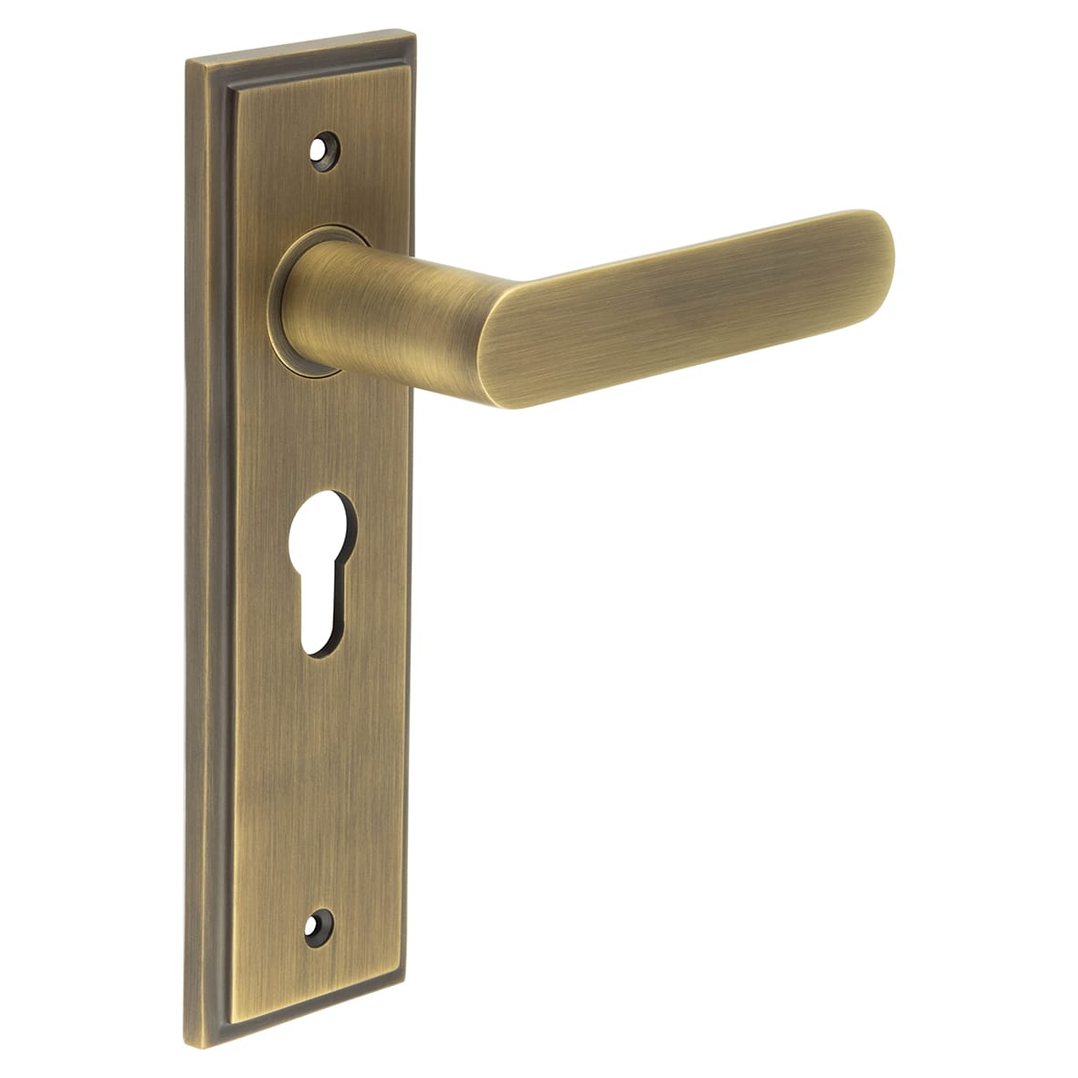 Antique Brass Fire Rated Euro Lock Door Handles - Kensington - 200 x 55mm