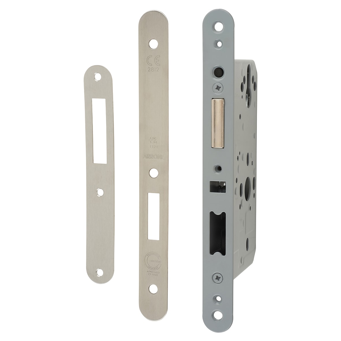 DIN Upright Deadlock - 88mm Case - 60mm Backset - Radius- Satin Stainless Steel