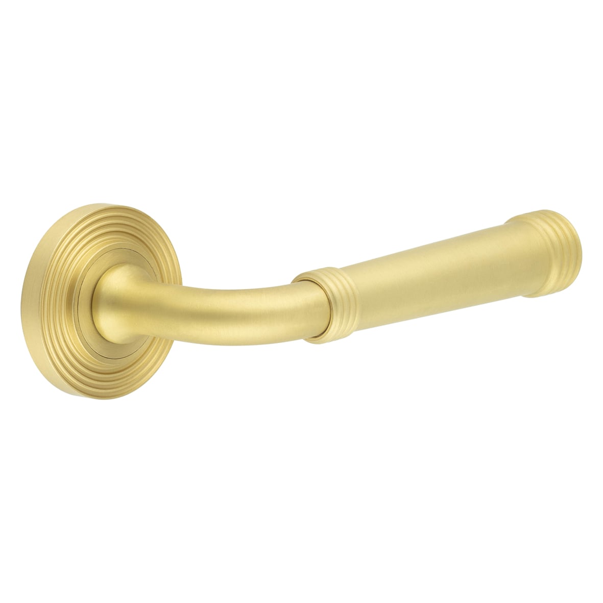 Satin Brass Fire Rated Door Handles on Round Reeded Rose - Highgate Range