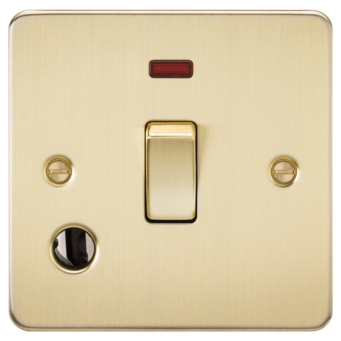 20A 1 Gang Flat Plate DP Appliance Switch with Neon & Flex Outlet - Brushed Brass