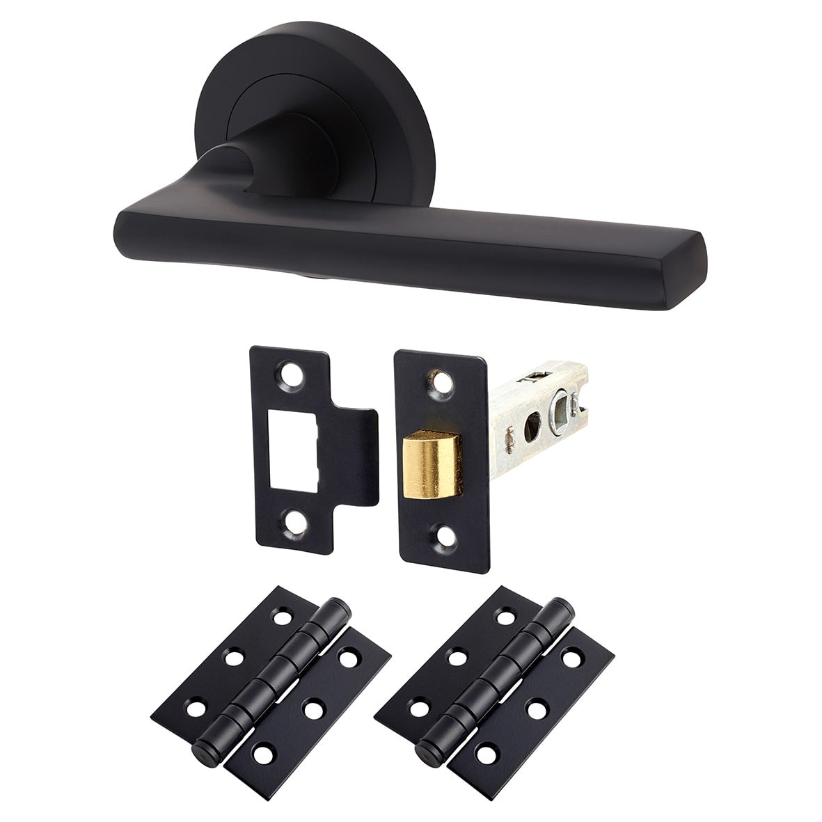 Matt Black Latch Door Handles on Rose Pack - Lexi Range