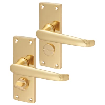 Polished Brass Victorian Straight Privacy Door Handles - Short Plate - 118 x 42mm