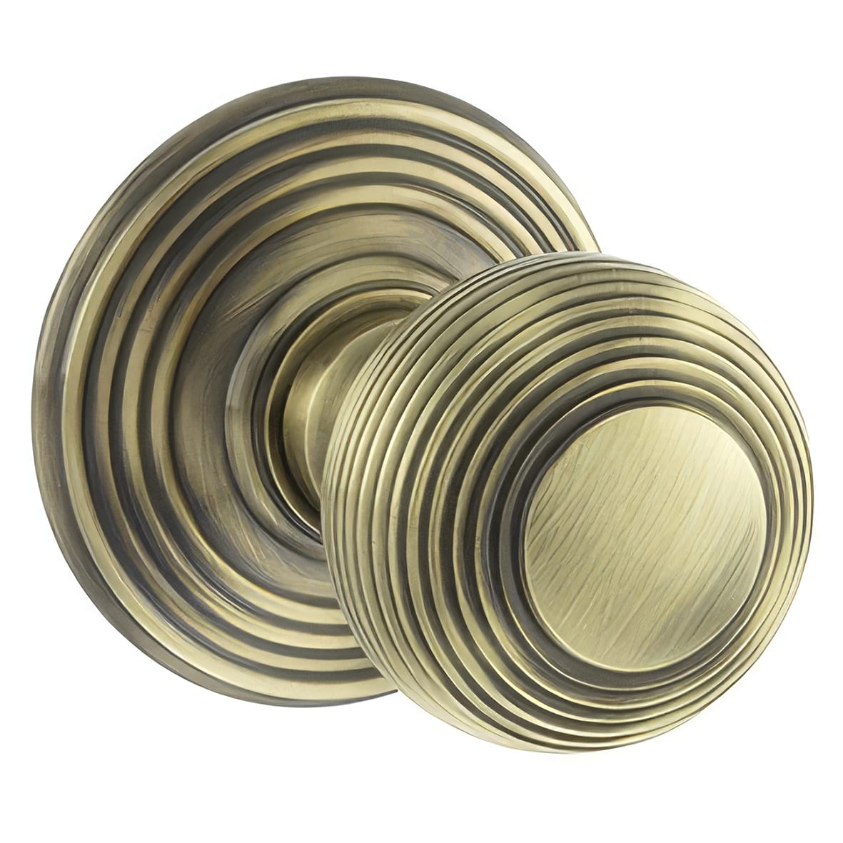 Old English Ripon Reeded Beehive Mortice Knob - 70mm Rose Diameter - Antique Brass