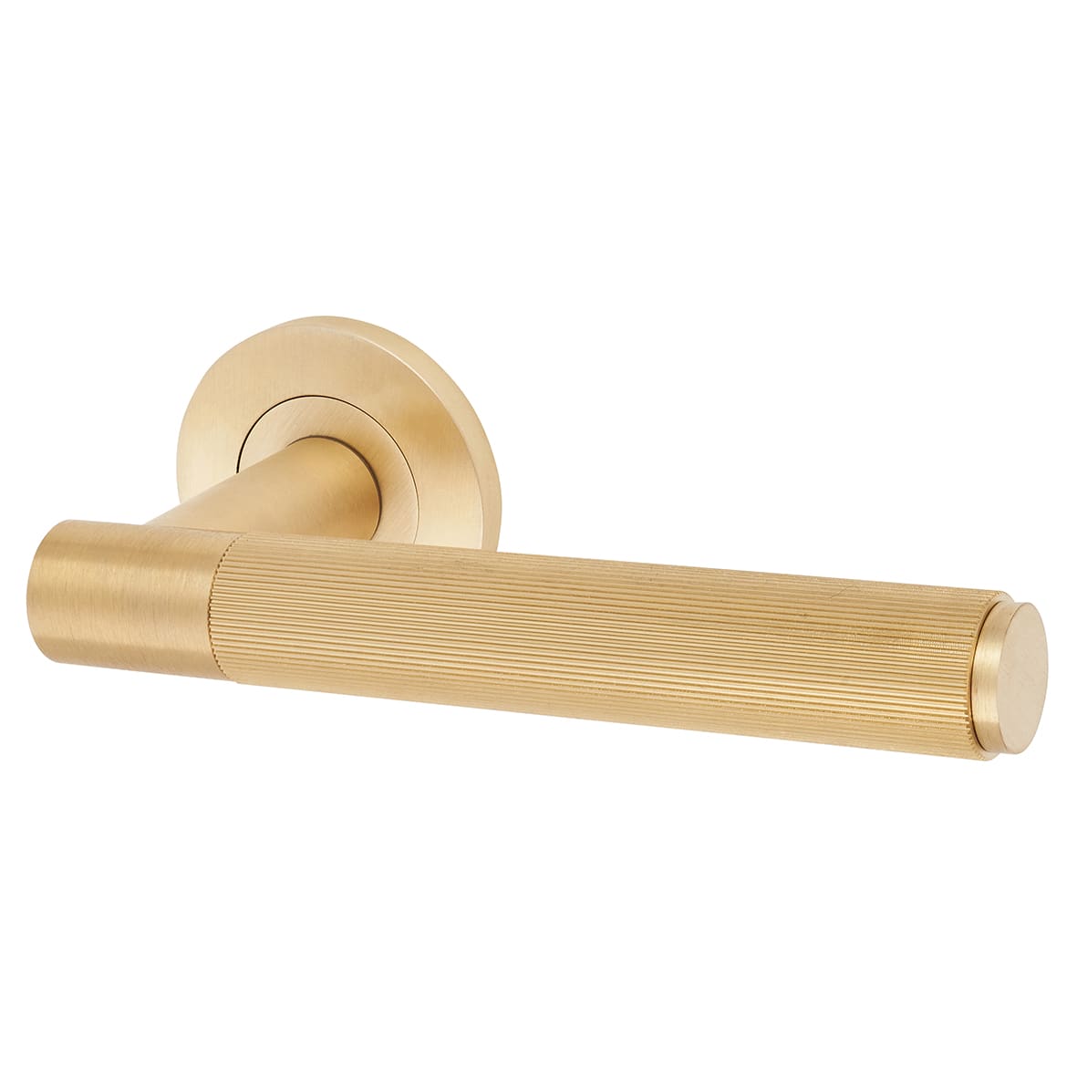 Satin Brass Reeded Door Handles on Round Rose - Spitfire Range