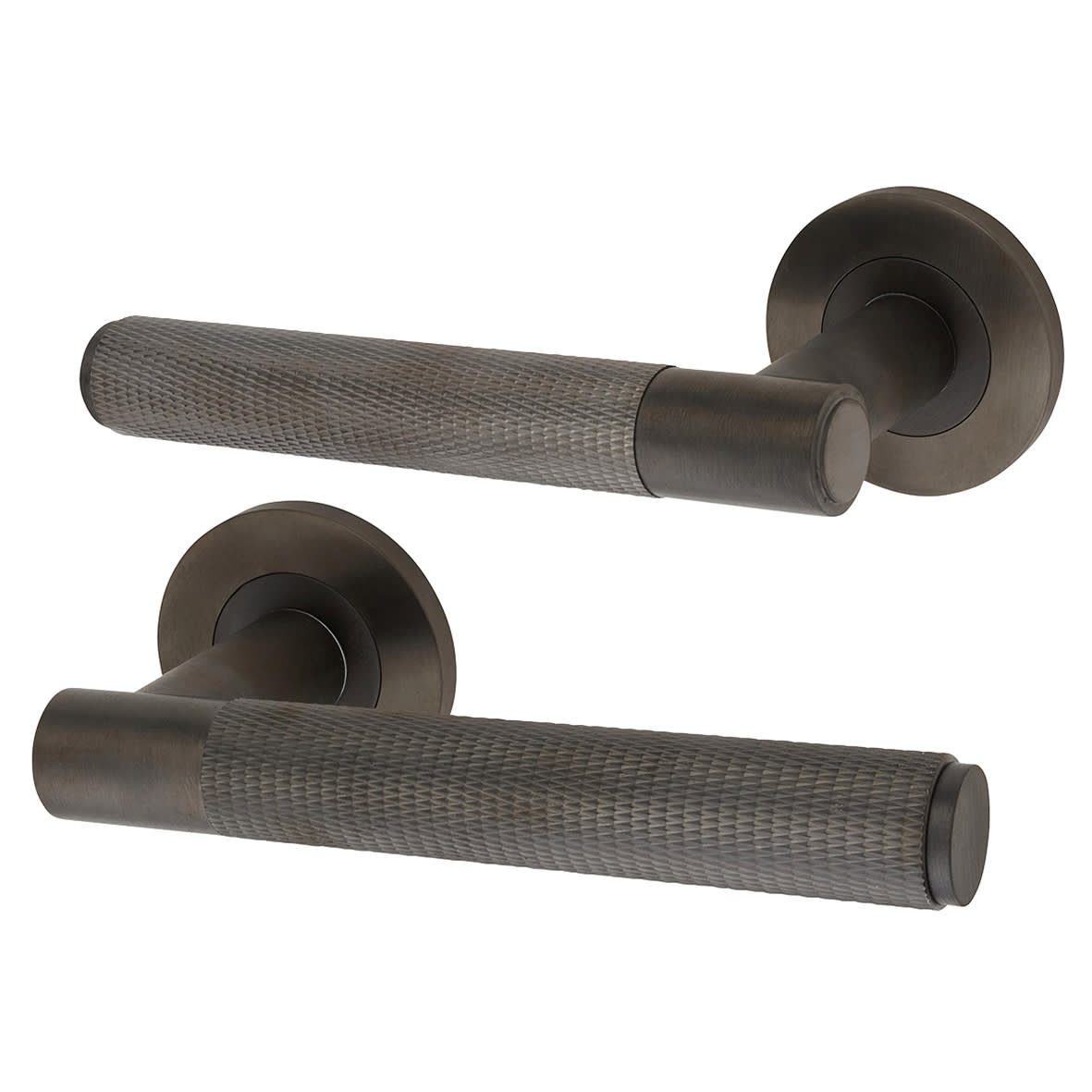 Dark Bronze Knurled Door Handles on Round Rose - Spitfire Range