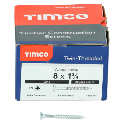 Twin Threaded Pozi Countersunk Wood Screws - 8 x 1 3/4" - Zinc Plated - Pack of 200