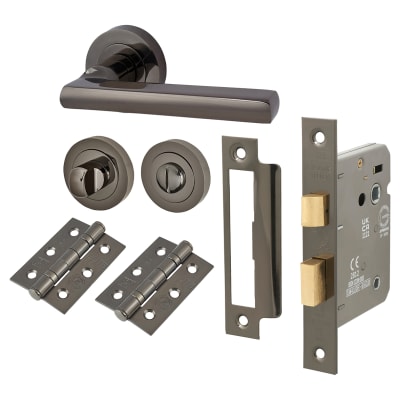 Black Nickel Bathroom Lock Door Handles on Rose Pack - Sophia Range
