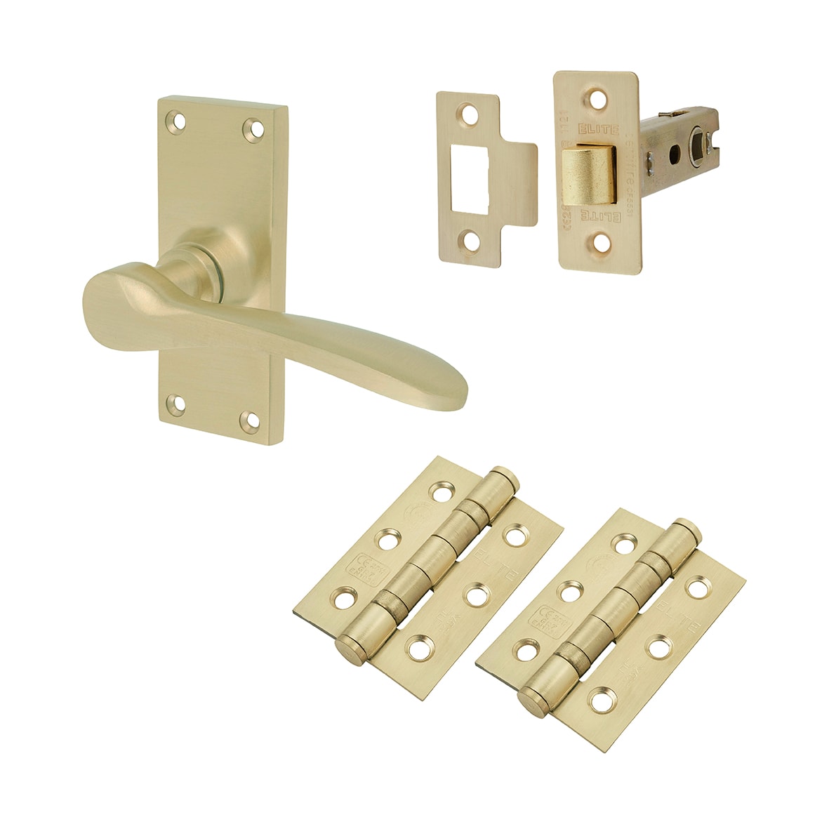 Satin Brass Latch Door Handles Pack - Short Plate - Buckingham Range