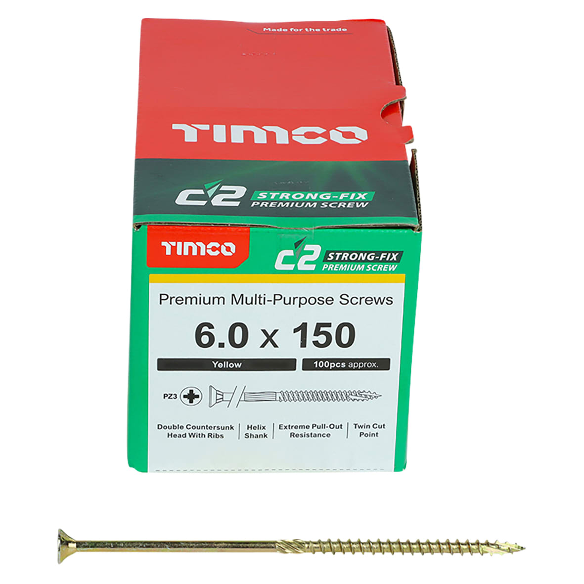 C2 Strong-Fix Pozi Double Countersunk Wood Screws - 6.0 x 150mm - Yellow Zinc - Pack of 100