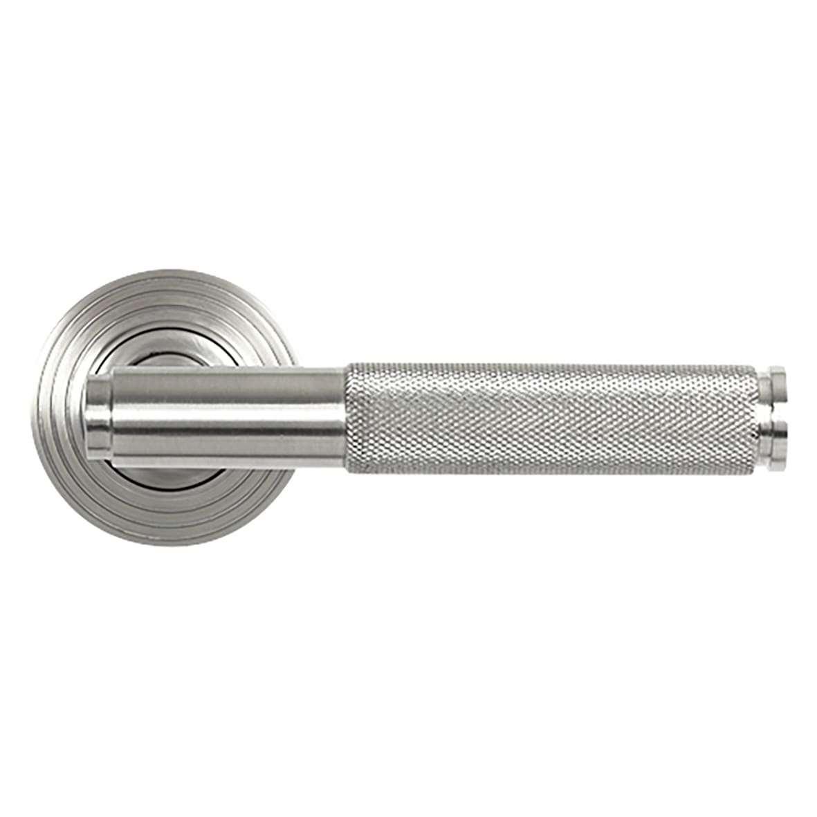 Satin Stainless Steel Knurled Door Handles on Round Beehive Rose - Brompton Range