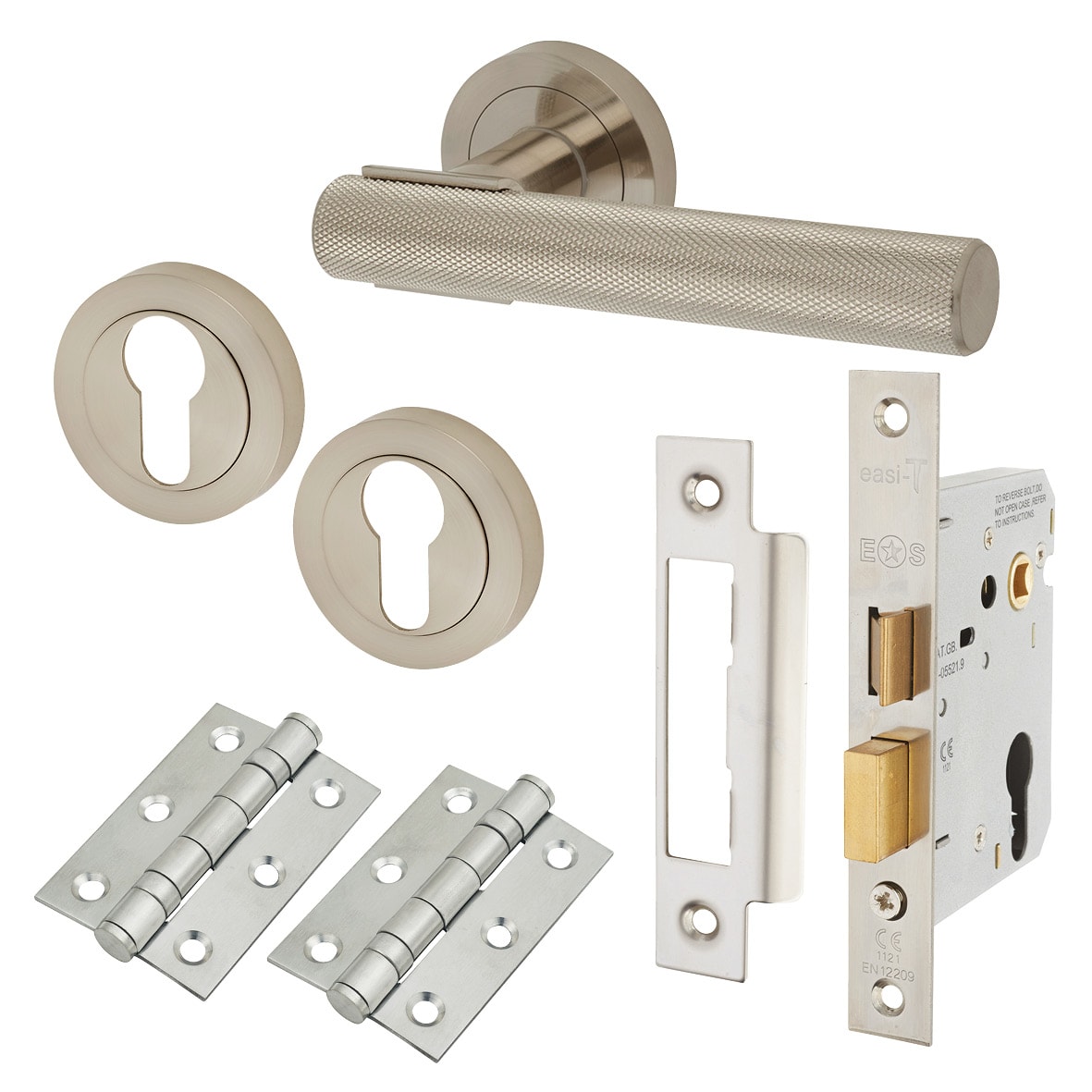 Satin Nickel Knurled Euro Lock Door Handles on Rose Pack - Orla Range