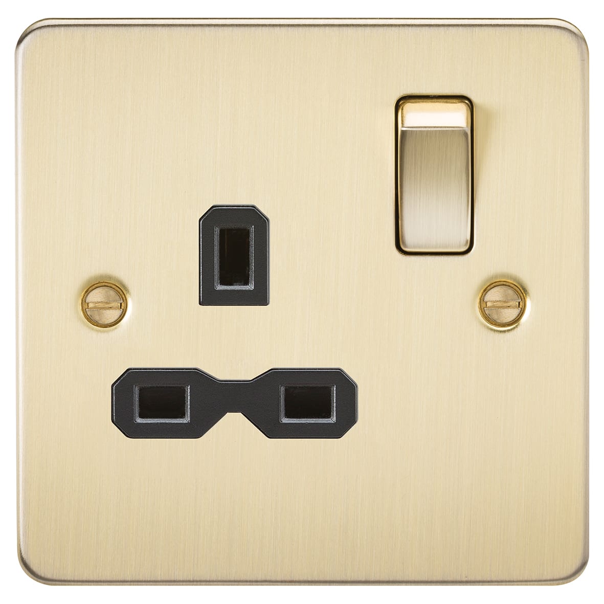 13A 1 Gang Flat Plate Switched Socket - Brushed Brass with Black Insert 929855P