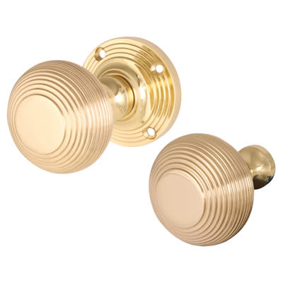 Marcus Polished Brass Reeded Rim Door Knob - 60mm Rose Diameter
