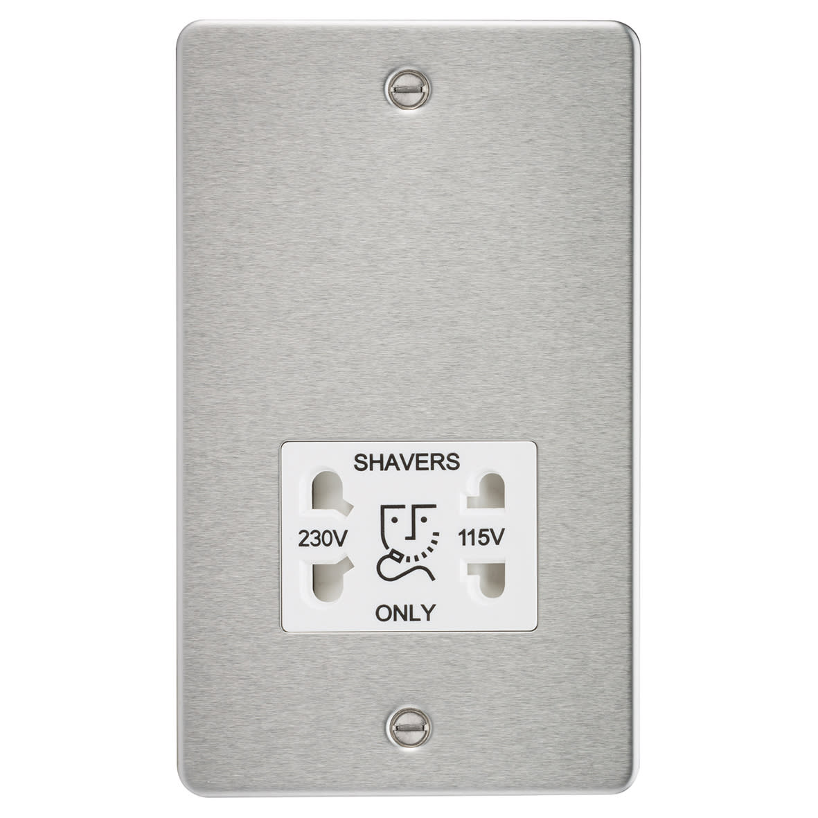 115/230V Flat Plate Dual Voltage Shaver Socket - Brushed Chrome with White Insert