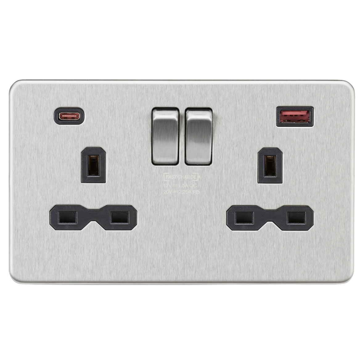 13A 2 Gang Type A/C 45W Fastcharge USB Socket with 2 x USB - Brushed Chrome/Black