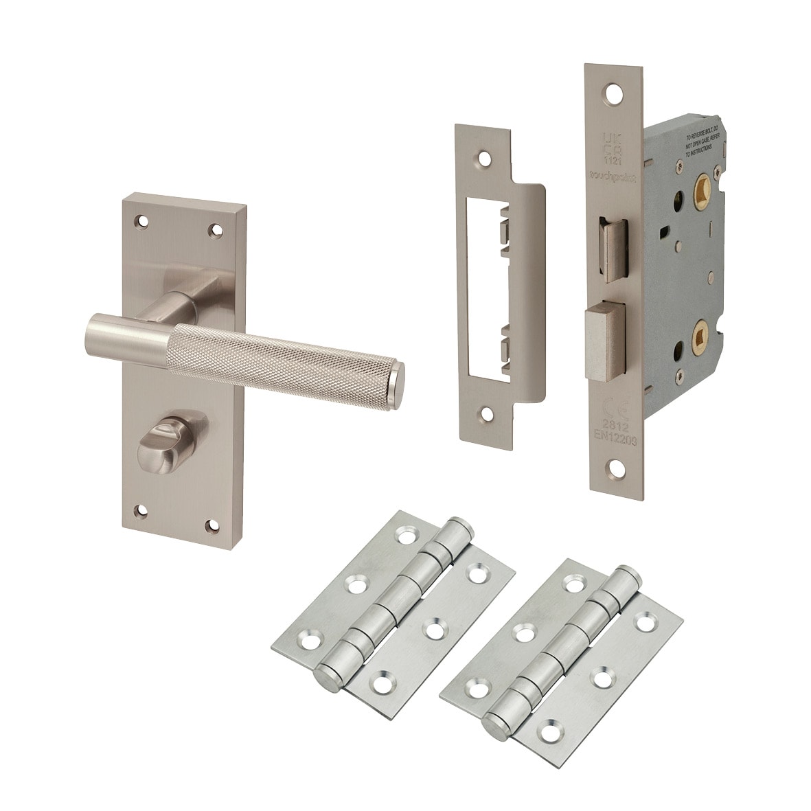 Satin Nickel Knurled Bathroom Lock Door Handles Pack - Remi Range
