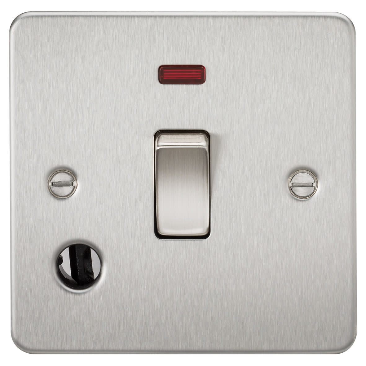 20A 1 Gang Flat Plate DP Appliance Switch with Neon & Flex Outlet - Brushed Chrome