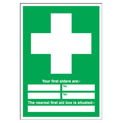 Your First Aiders Are/Nearest First Aid Box Sign - 210 x 148mm - Rigid Plastic