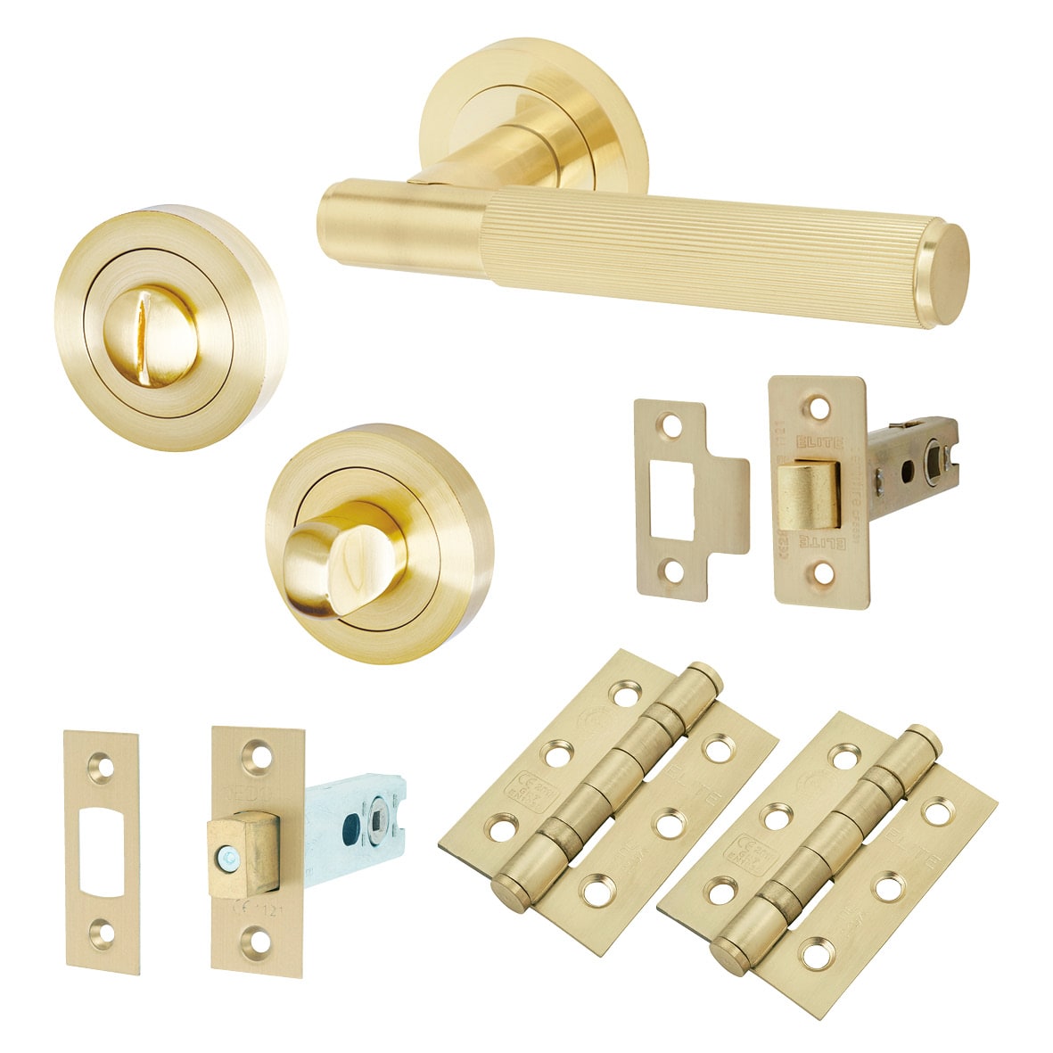 Satin Brass Lines Bathroom Deadbolt Lock Door Handles on Rose Pack - Nova Range