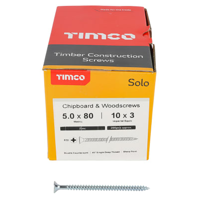 Solo Chippy Pozi Countersunk Wood Screws - 5.0 x 80mm - Zinc Plated - Pack of 200