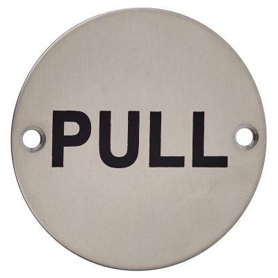 Pull Door Sign - 75mm Diameter - Satin Stainless Steel