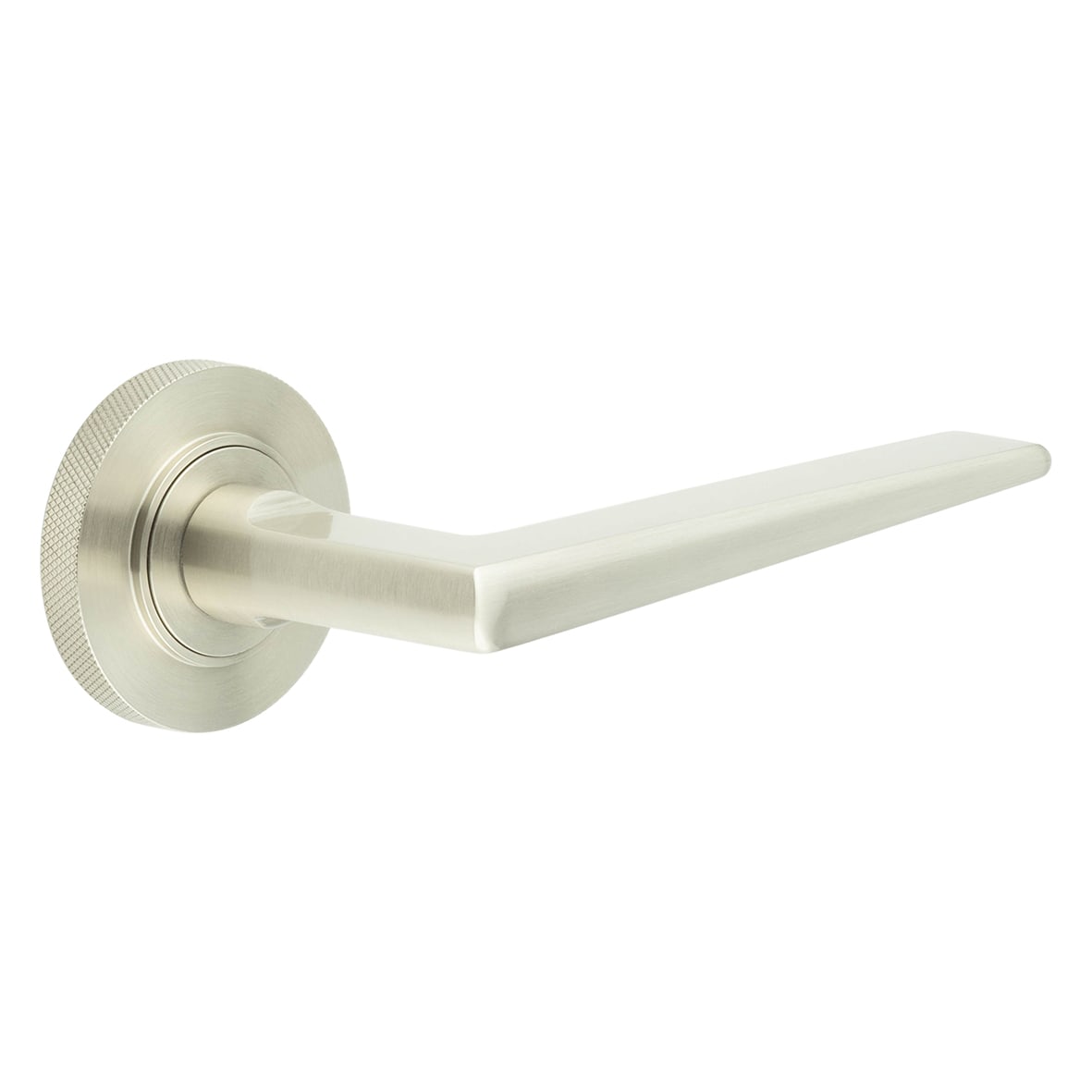 Satin Nickel Fire Rated Door Handles on Round Knurled Rose - Mayfair Range