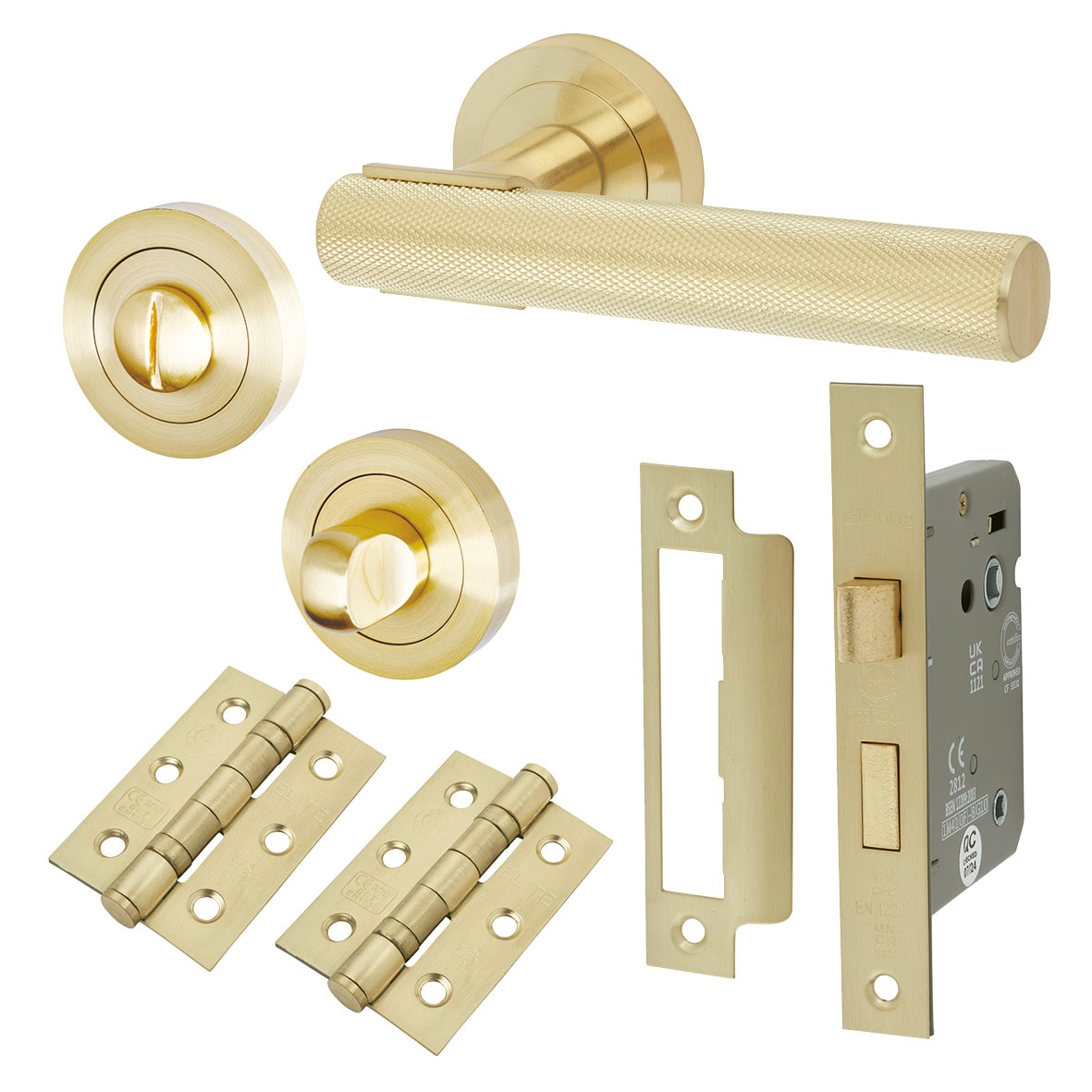 Satin Brass Knurled Bathroom Lock Door Handles on Rose Pack - Orla Range