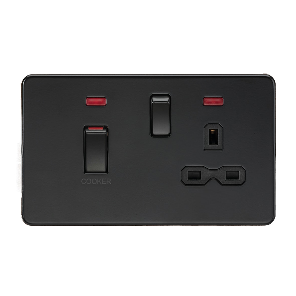 45A 2 Gang DP Cooker Switch & 13A Switched Socket with Neon - Matt Black/Black Insert