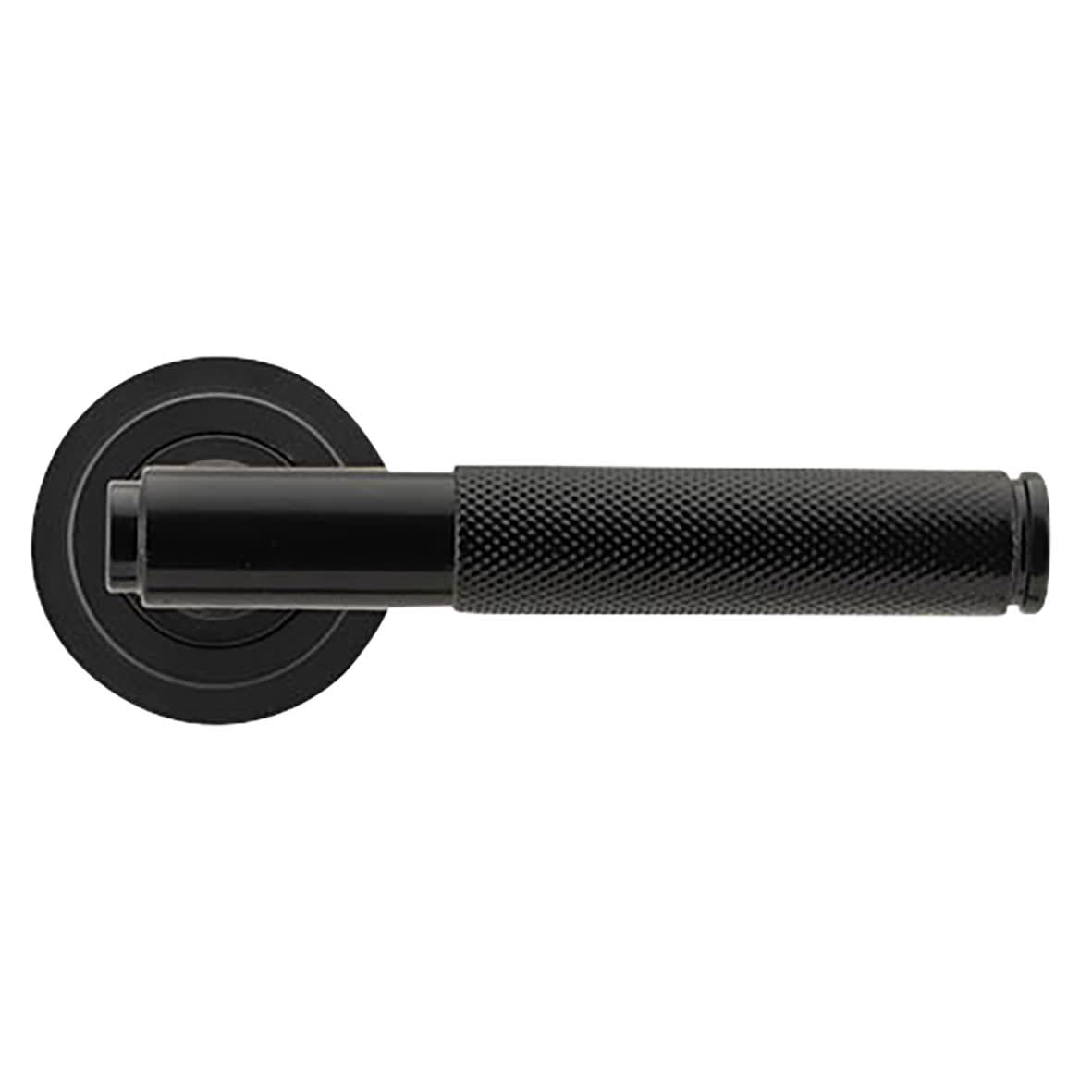 Black Knurled Door Handles on Round Art Deco Rose - Brompton Range