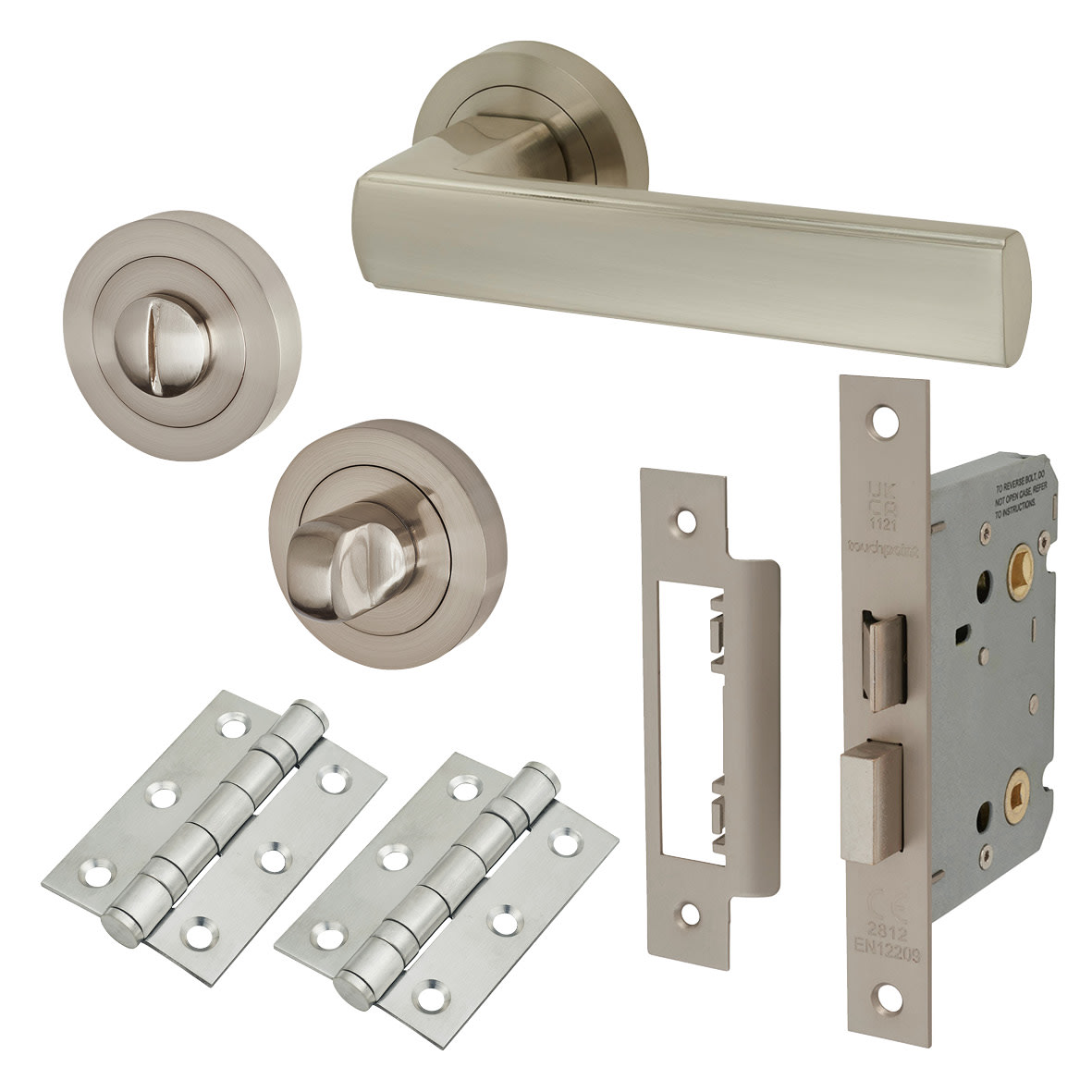 Satin Nickel Bathroom Lock Door Handles on Rose Pack - Zara Range