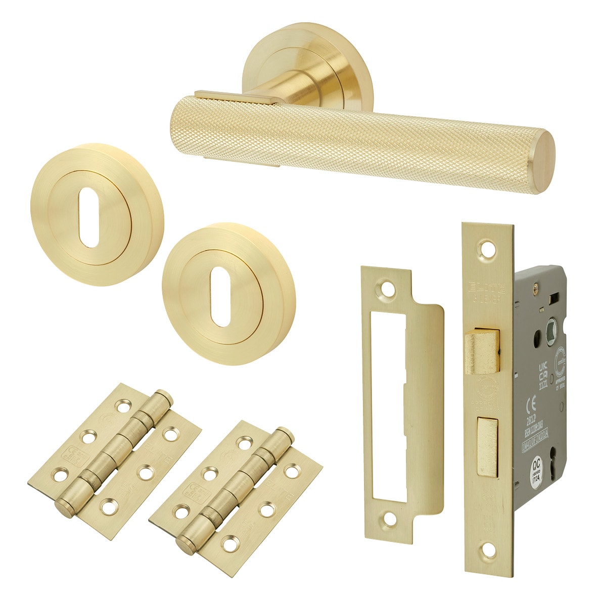 Satin Brass Knurled 3 Lever Sashlock Door Handles on Rose Pack - Orla Range
