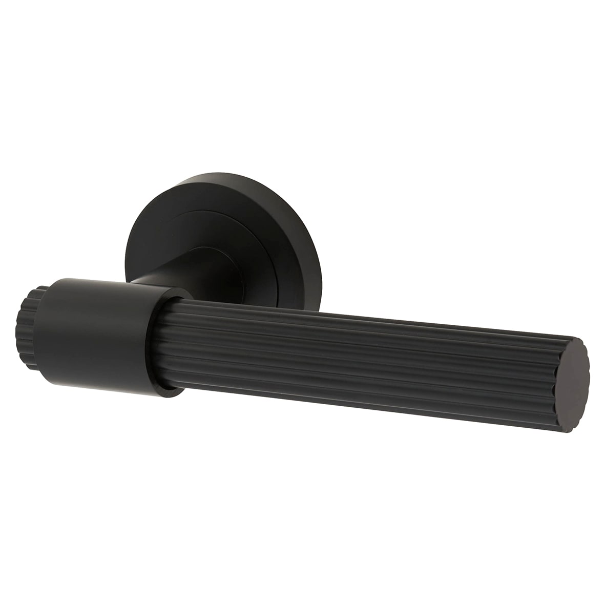 Matt Black Lines Door Handles on Round Rose - Eva Range