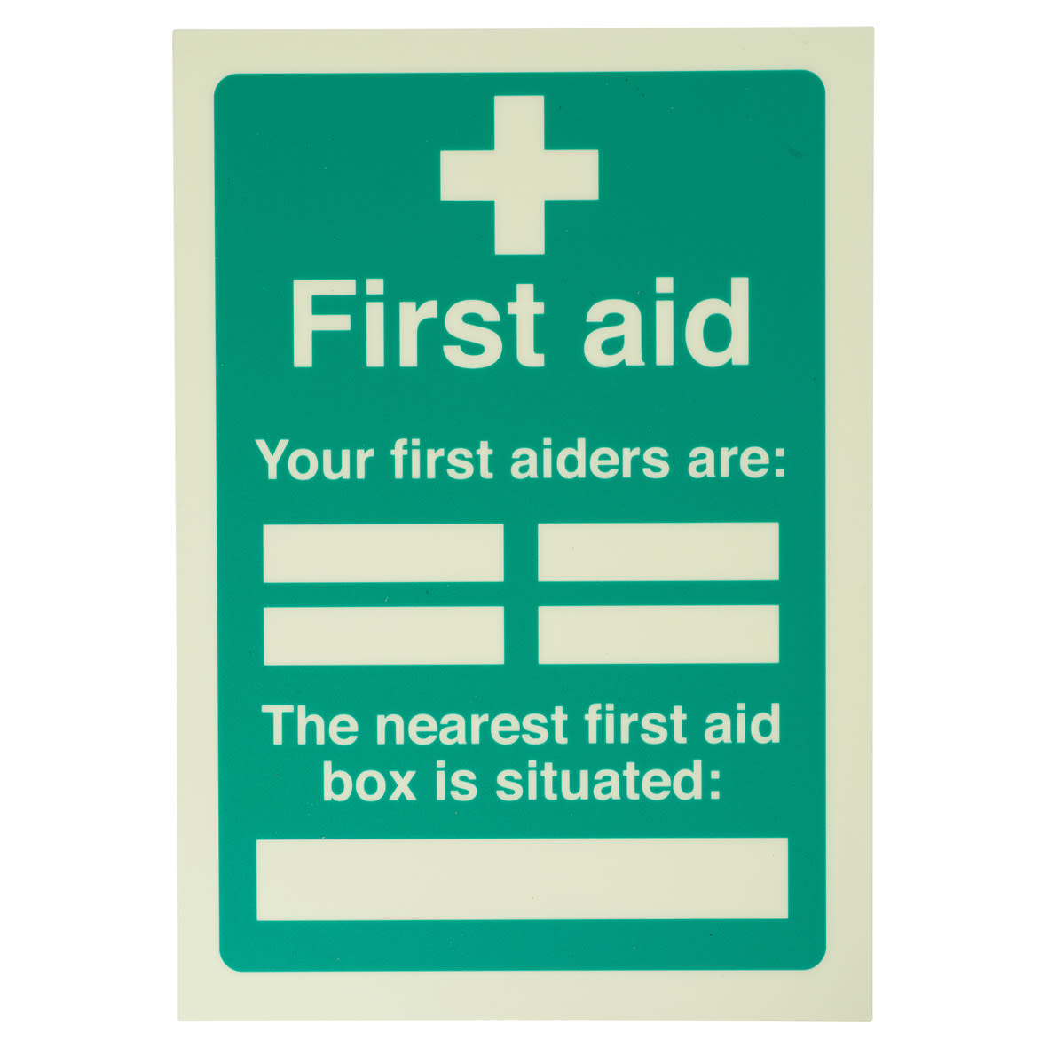Photoluminescent Your First Aiders Are/Nearest First Aid Box - 148 x 210mm - Rigid Plastic