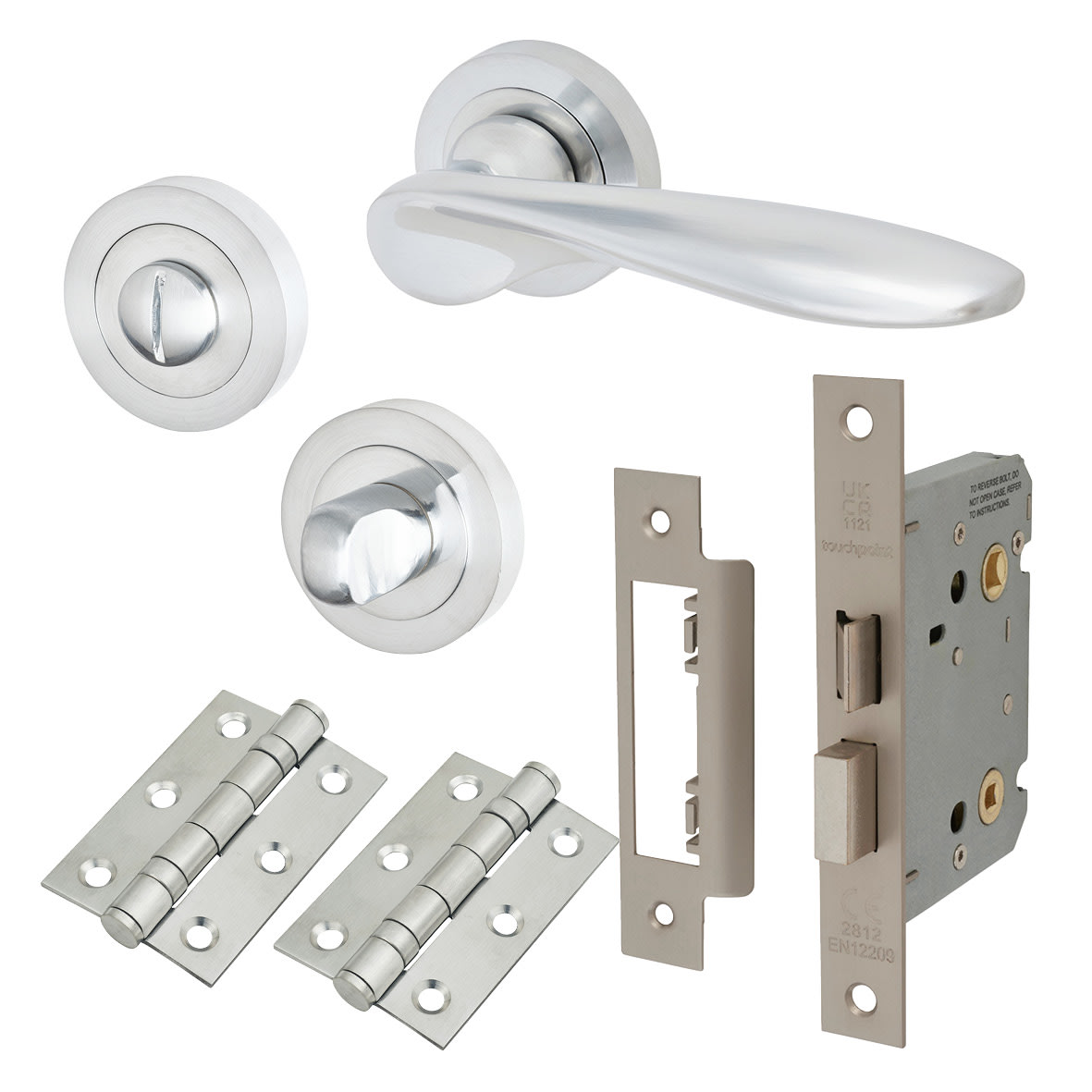 Satin Chrome Bathroom Lock Door Handles on Rose Pack - Lancaster Range