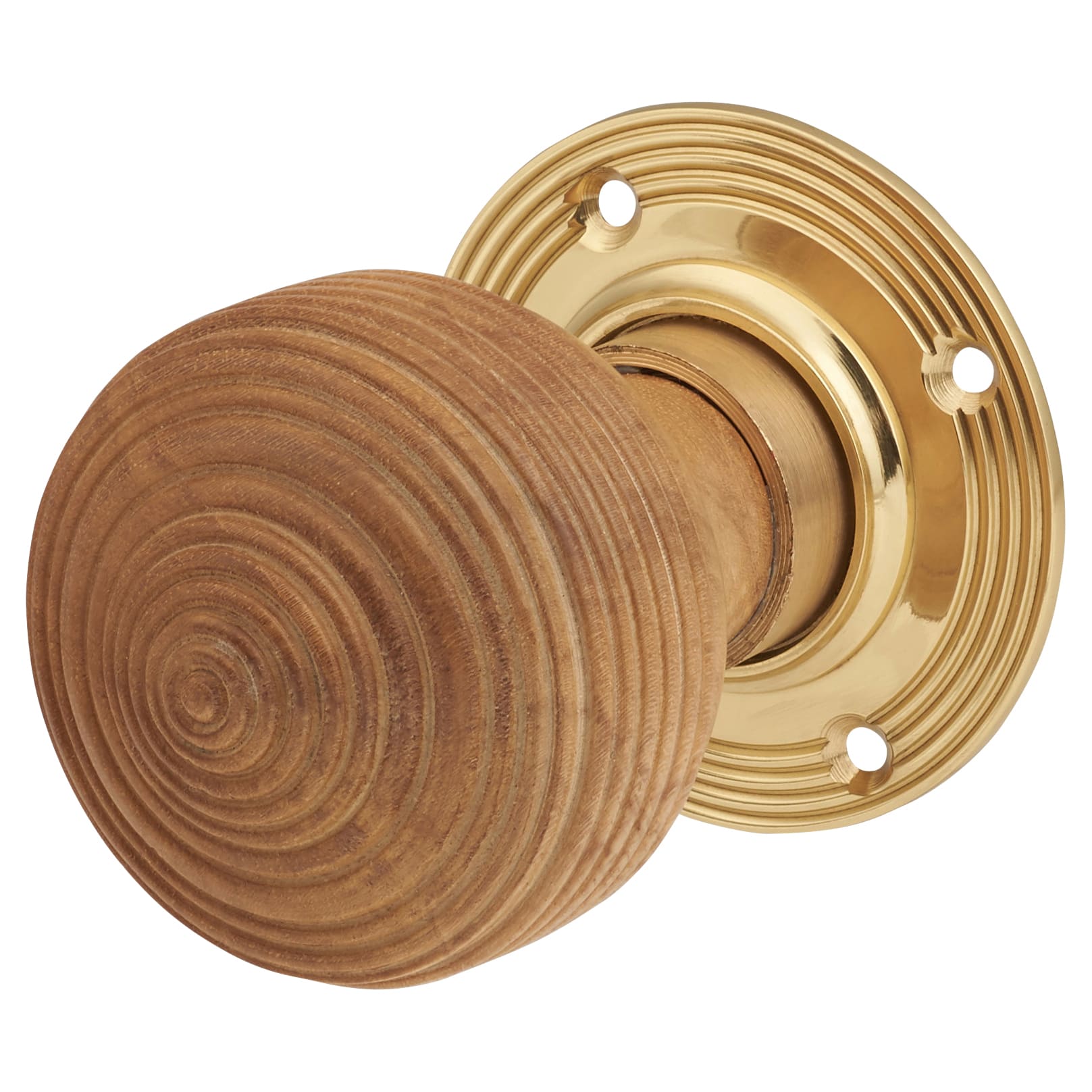 Oak Knob & Brass Rose Edwardian Beehive Mortice/Rim Door Knob - 60mm Rose Diameter