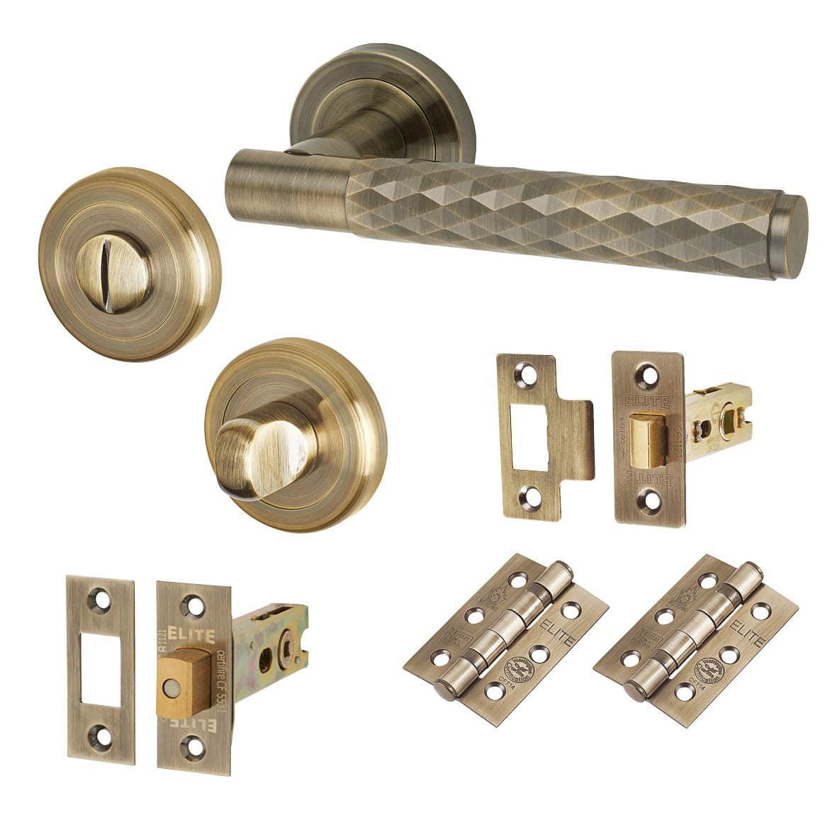 Antique Brass Diamond Bathroom Deadbolt Lock Door Handles on Rose Pack - Luna Range
