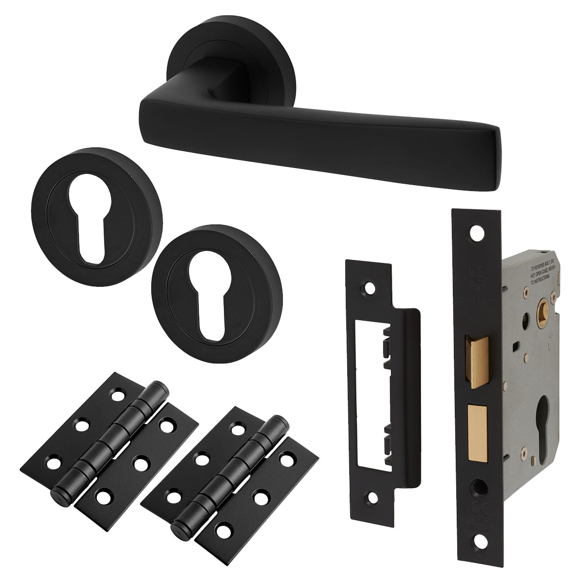 Matt Black Euro Lock Door Handles on Rose Pack - Ivy Range