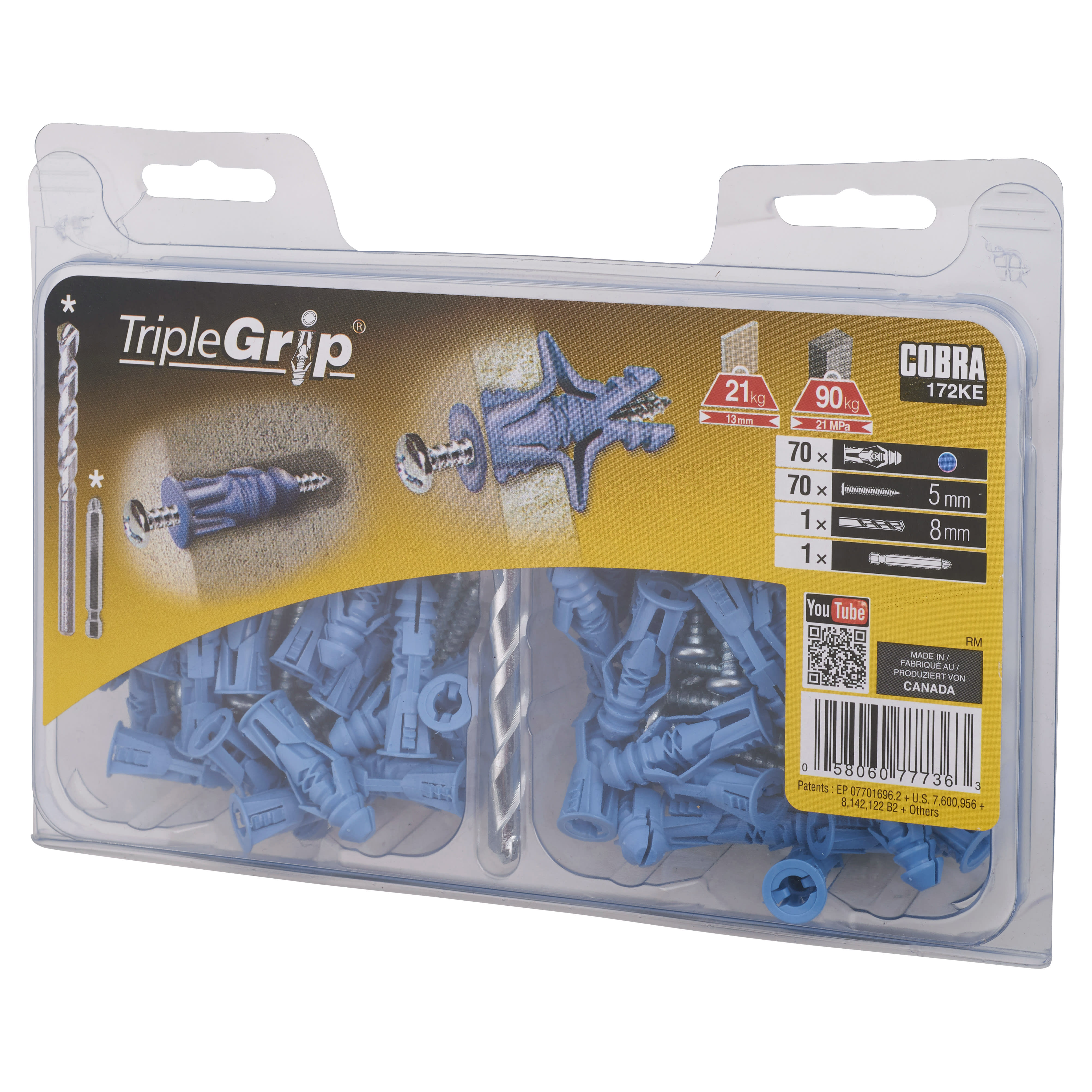 Triple Grip Universal Plasterboard & Masonry Wall Plug Fixing - 8 x 32mm - Blue - Pack of 70