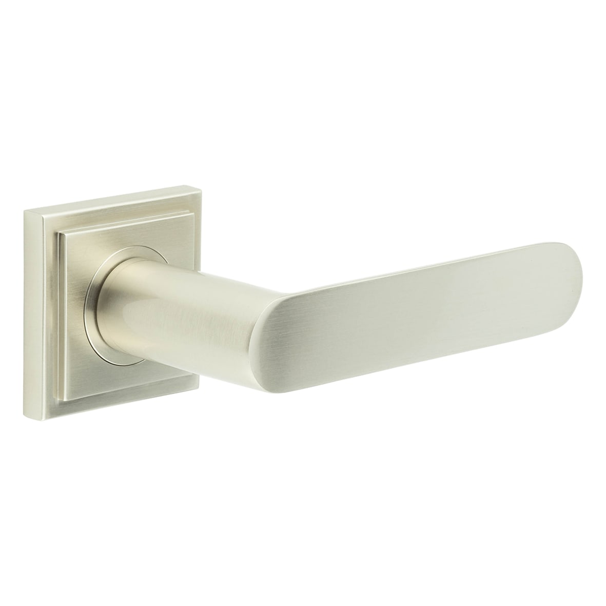 Satin Nickel Fire Rated Door Handles on Square Stepped Rose - Kensington Range