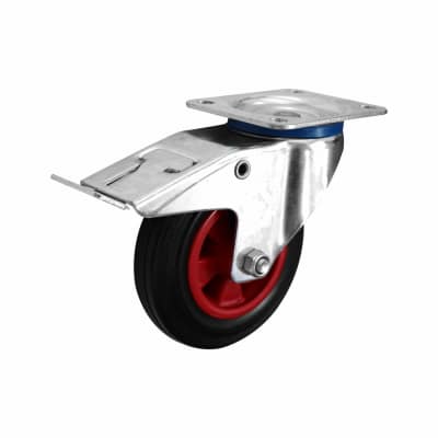 Heavy Duty Industrial Castor - Swivel Braked - 205kg Max Weight - 200mm Diameter - Black/Red