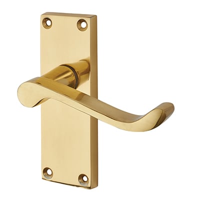 Polished Brass Budget Scroll Latch Door Handles - Short Plate - Mia Range - 114 x 42mm
