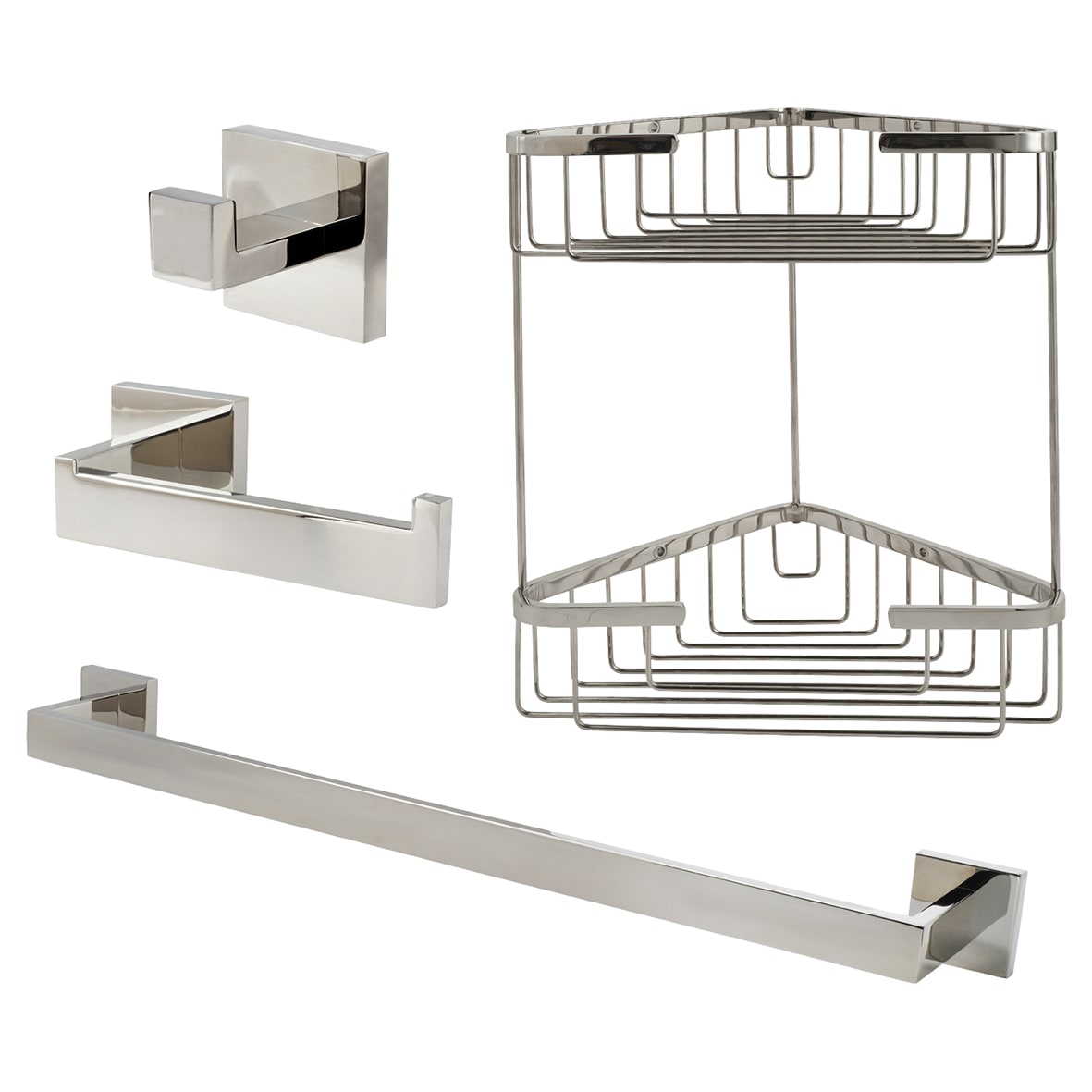 Modern Bathroom Set With Basket - Polished Stainless Steel
